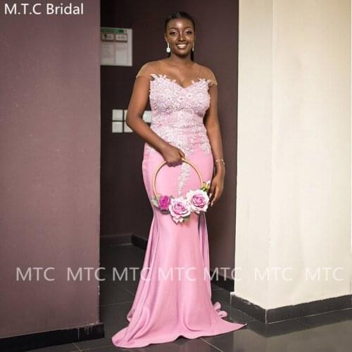 Elegant Pink Lace Mermaid Bridesmaid Dresses For Black Girls Sheer Short Sleeves Long Maid Of Honor Wedding Party Gowns