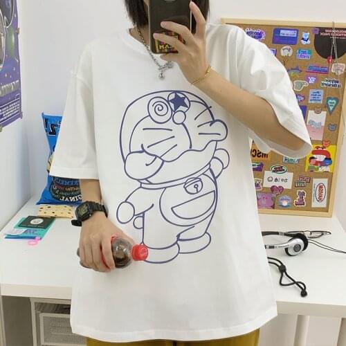 Summer Oversized T Shirt Women Korean Harajuku Ulzzang Doraemon Cartoon Pure Cotton White T-shirt Short Sleeve Loose Top Tees