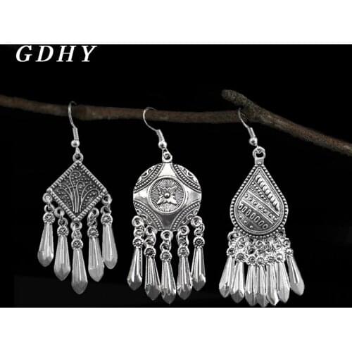 GDHY Vintage Silver Color Geometry Long Tassel Earrings Drop Earrings For Women Charm Metal Bohemian Earrings Boho New Jewelry