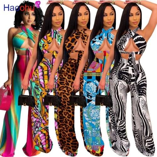 HAOOHU Women Two Piece Set Print Sleeveless Halter Bandage Crop Tops High Waist Wide Leg Pants Casual Clothes Summer