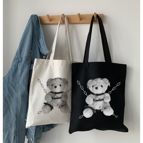 Gothic bear canvas bag casual fashion vintage punk hip-hop handbag Ulzzang fun Japanese cartoon Harajuku shoulder bags