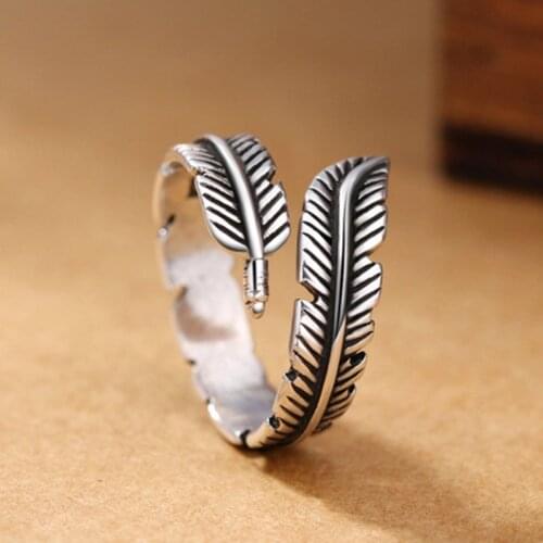 YIZIZAI Tibetan Silver Vintage Feather Rings for Men Women Finger Rings Opening Adjustable Ring Simple Style Friendship Gifts