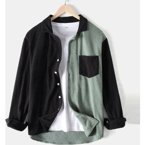 Spring Fashion Mens Fleece Jacket Casual Long Sleeve Patchwork Pocket Coat Male Autumn SIngle Breasted Turn-Down Collar Top