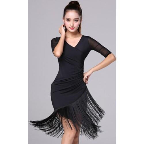 Latin Dance Dress Women 2020 New Sexy Short Sleeve Solid Tassel Slim Fit Dress Ballroom Dance Competition Dresses Vestidos