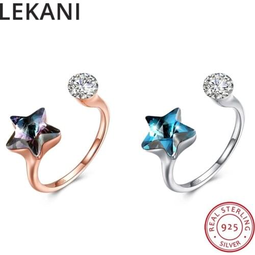 LEKANI Crystals From Swarovski Blue Purple Butterfly Open Rings Adjustable Real S925 Silver Fine Finger Accessories For Women
