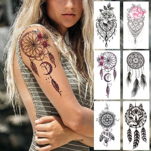 Dreamcatcher Fake Temporary Tattoo For Kids Women Black Henna Lotus Flowers Tattoos Wolf Compass Feather Tatoos Body Arm Chest