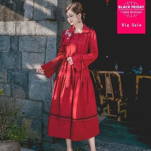 Fashion brand Vintage retro embroidery dress female long flare sleeve ruffles flwoer pattern embroidery dress wj2738 dropship