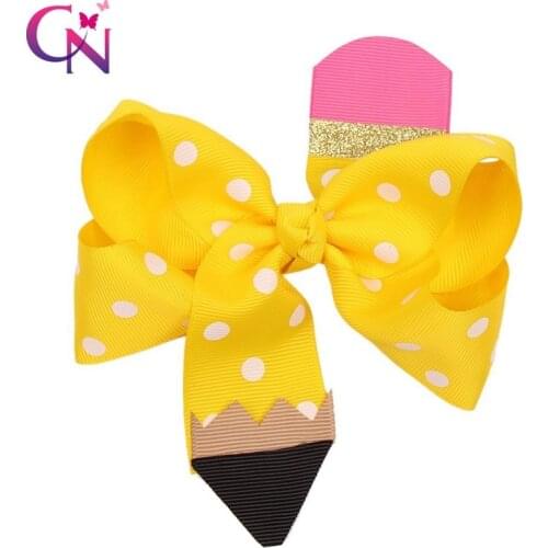 CN Fashion Back To School Pencil Print Hair Bows for Girls Hair Clips Cute Dot Bowknot Hairgrips Kids Hair Accessories