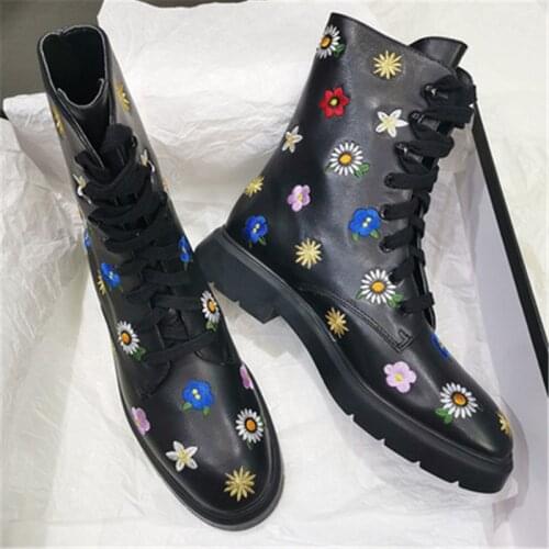 Embroidery Military Boots Lace Up Ankle Boots For Women Shoes Low Heels Motorcycle Boots Brand Botas Mujer New Chelsea Boots