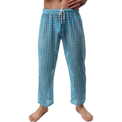 Man Home Harem Gay Sex Clothing See Through Sheer Trousers Net Mesh Boys Cute Gauze Micro Bugle Sheer Hollow Pants