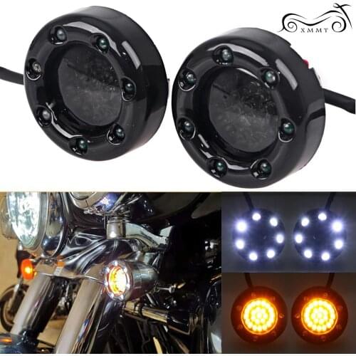 Pair Gloss Black Fire Ring Bullet 1157 LED Turn Signal Amber/White Light For Harley Softail Dyna Touring Sportster