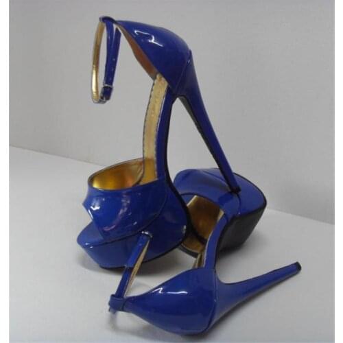 Sexy Blue Peep Toe Super Thin High Heels 16/18Cm Women Pumps Buckle Strap Stilettos Steel Heels Shoes