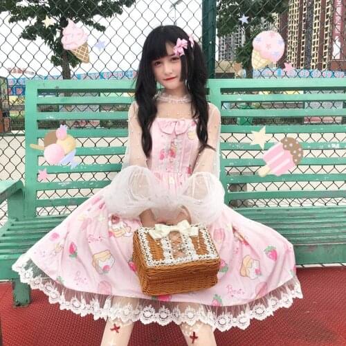 Lolita dress vintage bowknot cute printing high waist princess victorian strap dress kawaii girl gothic lolita cosplay loli