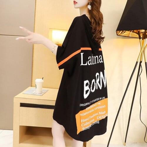 Summer Mid Length Women Dress New Printed Letters Hat Collar Top Loose Casual Short Sleeve Lady T-shirt Dress