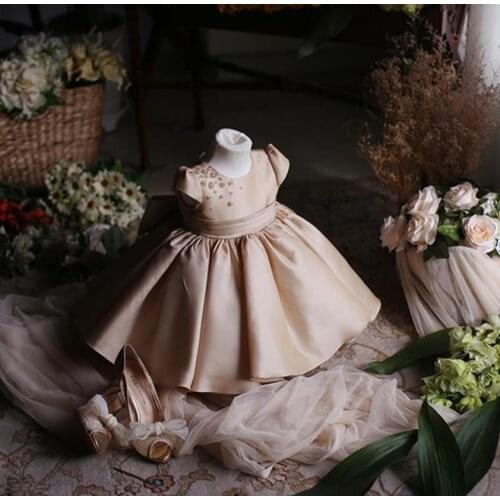 Cute champagne Baby Girls First Birthday Dresses Satin Beads Kids Clothes Children Party Baptism Pageant Gowns with Bow
