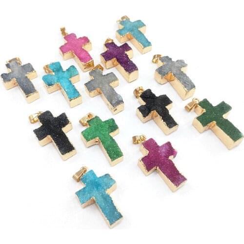 1pc Natural Original Stone Crystal Bud Veins Colorful Cross-shaped Pendants Women Charms Jewelry Making DIY Necklace Accessories