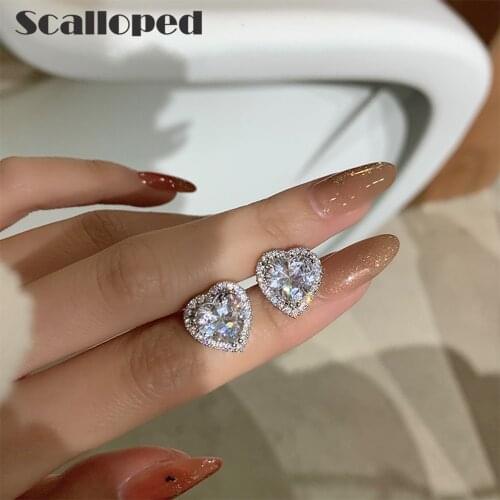 SCALLOPED Luxury Crystal Heart Stud Earrings 2021 New Bridal Wedding Fine Jewelry Women Korean Fashion Brincos Drop Shipping