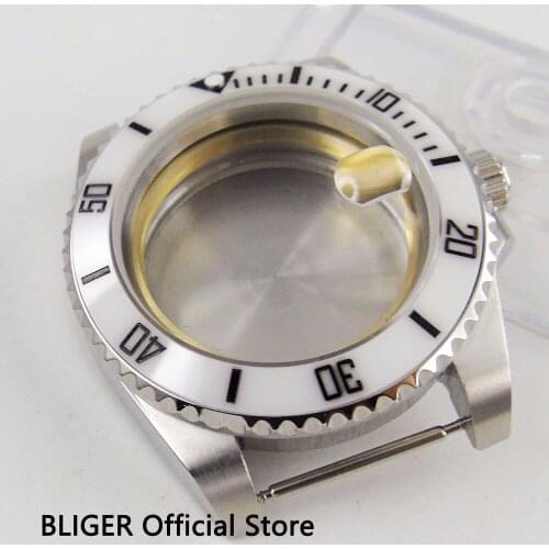 Luxury 40mm BLIGER Stainless Steel Watch Case White Ceramic Dezel Date Window Sapphire Glass Fit 2836 Movement Watch