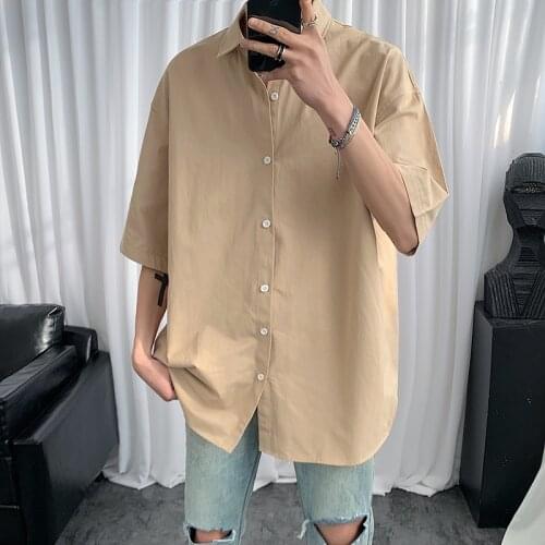 Summer Shirts for Men Korean Fashion 100% Cotton Casual Button Down Short Sleeve Male Blouse White Khaki