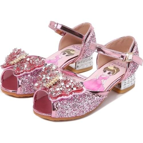 Fashion Summer Kids Princess Crystal High Heels Sandals Butterfly With Rhinestone Sequins Shoes For Girls Children Wedding Party