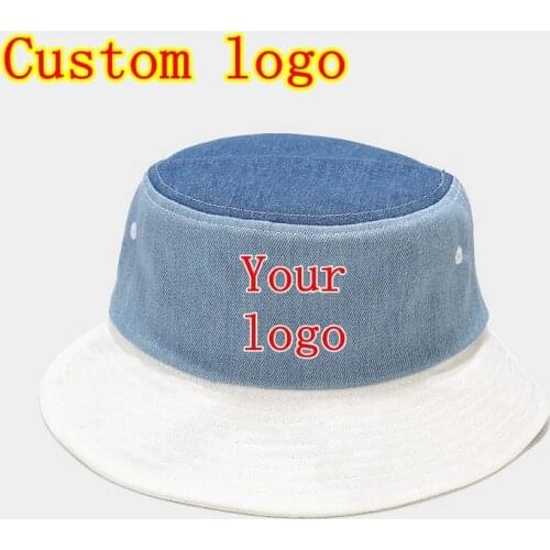 WZCX Custom Logo Stitching Color Denim FishermanS Hat Flat Top Unisex Print Logo Advertising Wide Brim Basin Cap Women Sunhat