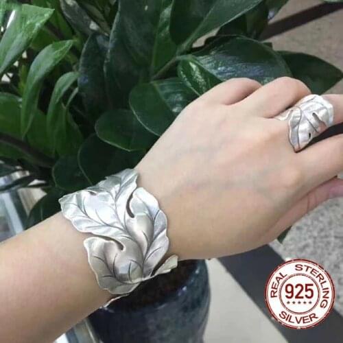 Fashion women Bangle Wide Cuff Bracelets &Ring 925 Silver Arm Jewelry Leaf Shape Open Wide Cuff Bracelet Bangles for Women Men