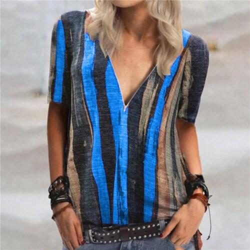 2021 Women Tie-dye T-shirt Striped Printed V-neck Zipper Tops Summer Fashion Short-sleeved Clothing Female Trendy Harajuku Tees