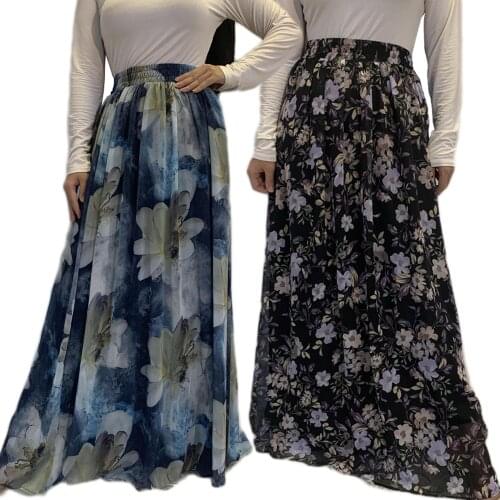 Fashion Muslim Women Maxi Skirt Floral Printed Chiffon Long Swing Skirt Islamic Bottoms Elastic High Waist Clothing Full Length