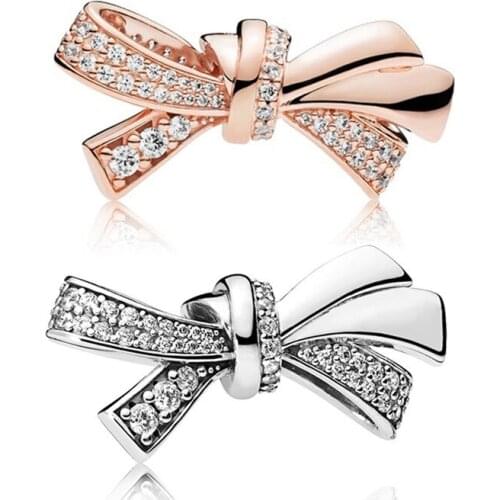 Authentic 925 Sterling Silver Bead Brilliant Bow Charm Fit Fashion Women Pandora Bracelet Bangle Gift DIY Jewelry