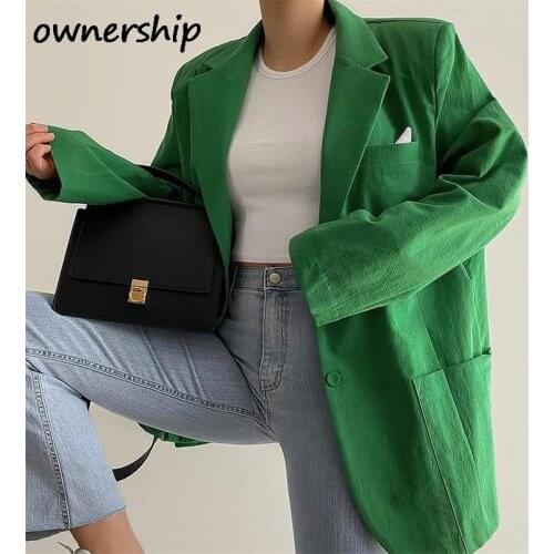 2021 Fashion Solid Color Lapel Blazer Women Elegant Vintage Casual Loose Temperament Coat Tide Office Lady Shoulder Pads Suit