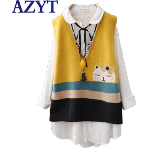 AZYT Loose Pullover V Neck Sweater Vest Women Cute Cartoon Print Knit Sleeveless Tank Tops Female 2021 Stripe Knitwear Vest