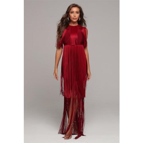 High Quality 2020 Bandage Dress Sleeveless Tassel Long Women Dress Elegant Evening Party Dress Wine Red