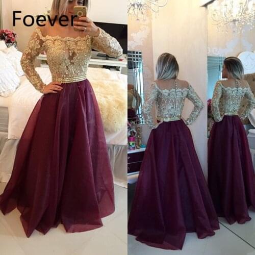 Gold And Burgundy Evening Dresses Long Sleeve 2019 robe de soiree A Line Illusion Back abendkleider Formal Women Prom Dress