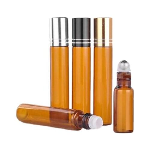 2ML 5ML 10ML Amber Glass Roll on Bottle Essential Oil Parfum Vial Brown Glass Roller Bottles Black Silver Gold Cap, 100pcs/Lot