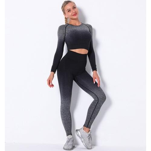 Seamless Yoga Sets Sport Outfits Women Dip Dye Two 2 Piece Long Sleeve Crop top Leggings Workout Gym Suit Fitness Wear Yoga Sets