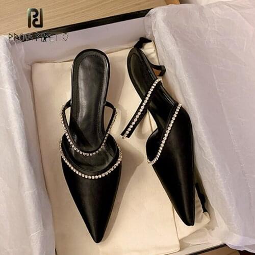 Shiny rhinestone stiletto Muller half slippers 2021 summer new style black pointed toe satin mid-heel sandals women