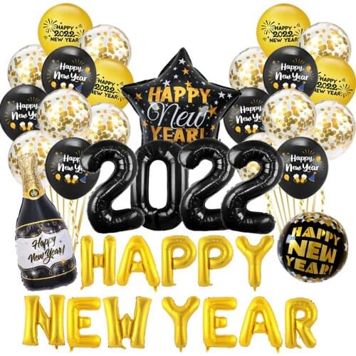 Big size Happy New Year Confetti Foil Globos 2022 Latex Digital ballons Rose Gold eve Anniversary Event Party Decorations