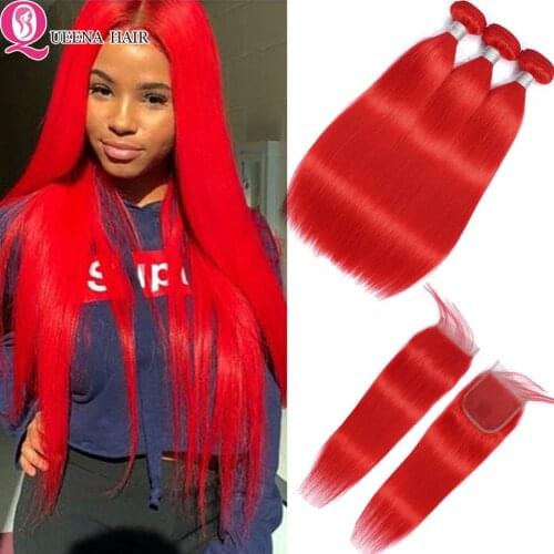 Red Bundles With Closure Colored Straight Bundles With Closure Pre Plucked Brazilian Human Hair Weave Bundles With Closure Remy