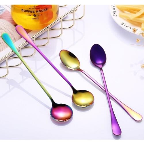 Stainless Steel Spoon Colorful Long Handle Spoons Flatware Coffee Drinking Tools Kitchen Gadget Drop Shipping