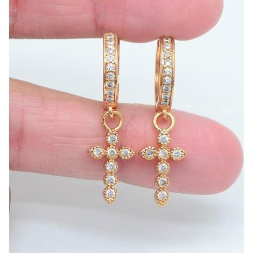Fashion Gold Color Clear Cubic Zirconia CZ Women Cross Dangle Huggie Earrings