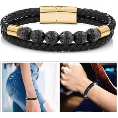 Man and Woman Jewelry Braided Leather Bracelet Natural Lava Beads Bracelet Black/Gold/White Stainless Steel Men Wrist Gifts