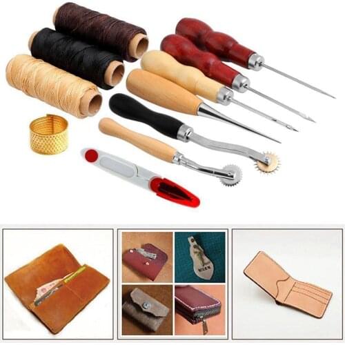 14PCS Leather Hand Craft Stitching Sewing Tools Set Thread Awl Waxed Thimble Kit