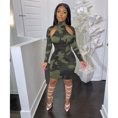 2021 New Famous Brand Dress Camouflage Hollow Out O-Neck Long Sleeve Sexy Bodycon Mini Dress Vestidos