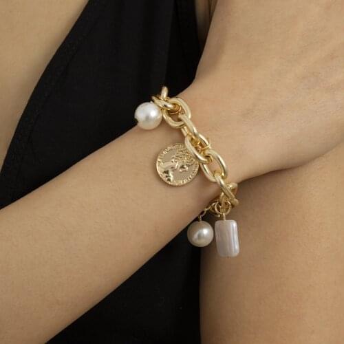 European and American retro jewelry with punk exaggerated thick chain imitation pearl bracelet single-layer tassel bracelet