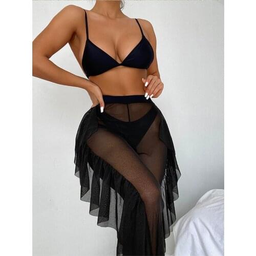 Solid Bikini 2021 Mesh 3 Pieces Set Sexy Swimsuit Women Elegant Swimwear Female Ruffle Suit Sports Bathing See Through Swimsuit