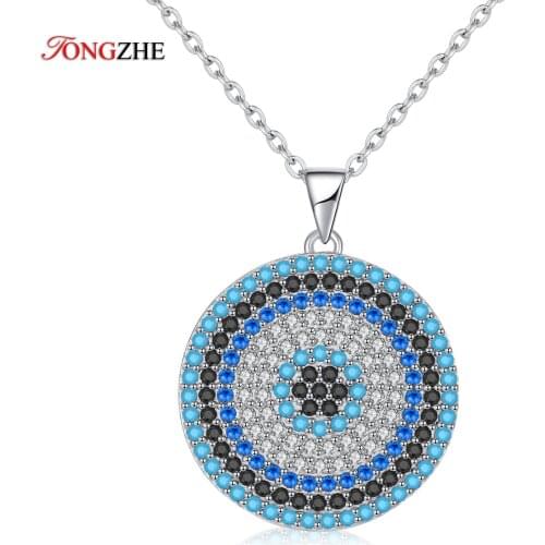 TONGZHE Sterling Silver 925 Necklaces Jewelry Round CZ Turkish Evil Eye Necklace Women Necklace Pendant Fine Jewelry Kolye Sale