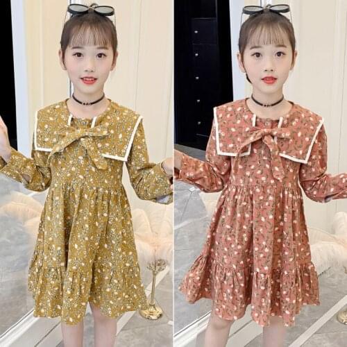 Girls Dresses Autumn Kids Cotton Brushed Long Sleeve Square Collar Floral Dress 3-12 Years Children Clothes Girl Pincess Dress