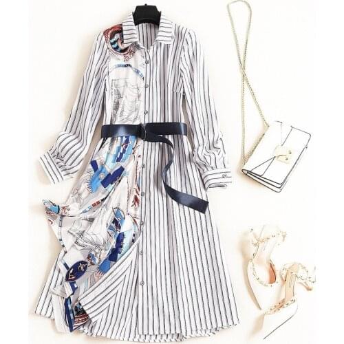 Striped Dress Patchwork Print Mid Length Belt Casual Dress