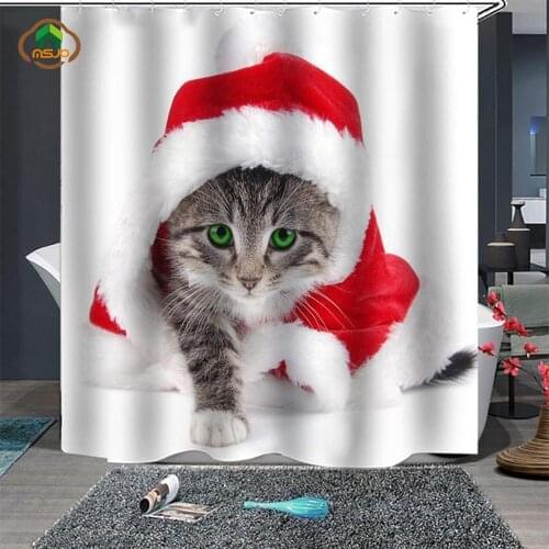 MSJO Christmas Decoration Shower Curtain Bathroom 3d Waterproof Accessories Funny Deer Cat Santa Merry New Year Home Decor