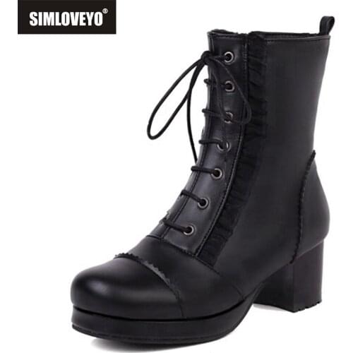 SIMLOVEYO Autumn Winter Ankle Short Boots Round toe Chunky Heels Zip Lace Up Lolita Ladylike Small Big Size 30-43 Black S2472
